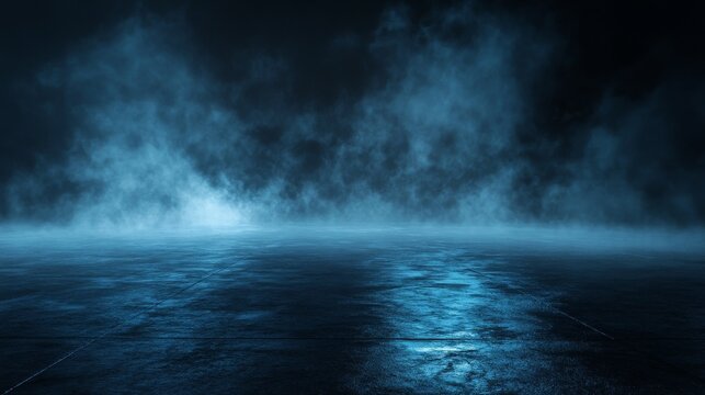 Abstract 3d background with neon lights and fog on wet black asphalt, concrete street art design, cool smoky atmosphere, dark empty cement environment, artistic rendering with bright blue effects
