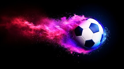 Naklejka premium Soccer ball in vibrant pink and blue powder explosion. Dynamic sports action shot.