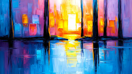 A vibrant abstract landscape featuring colorful reflections in water, showcasing a bright sunset through silhouettes of trees.