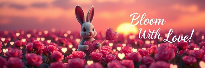 Blooming rabbit holding a heart in a vibrant rose field during sunset conveys love and joy