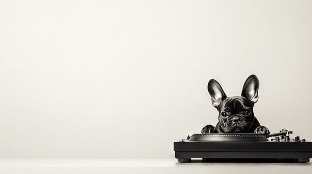   Black & white image of a dog peering from turntable with record player in foreground