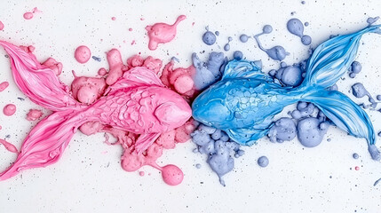 Fototapeta premium Two vibrant fish made of pink and blue paint swim through colorful splashes, creating an artistic and playful scene.