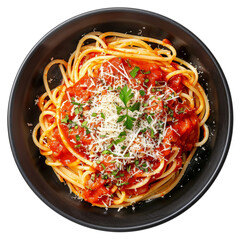 Isolated on white background, a black bowl filled with spaghetti topped with tomato sauce and grated parmesan cheese, viewed from above