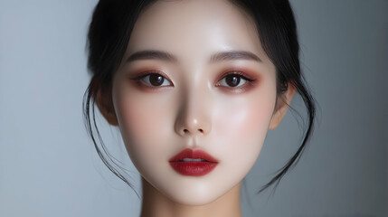 Fototapeta premium Asian woman showcasing a dramatic makeup transformation, highlighting the before-and-after effect -