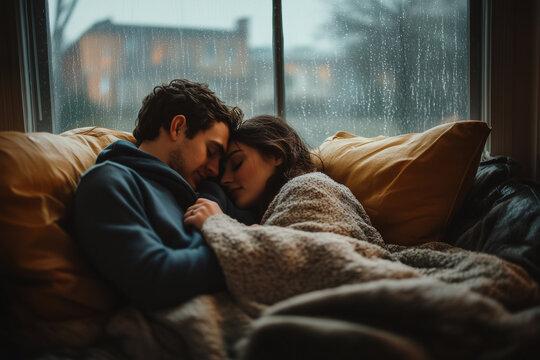 Young couple enjoying a cozy moment cuddling on the couch during a rainy afternoon at home
