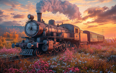 Vintage Steam Locomotive on Railway Tracks Surrounded by Scenic Nature and Dramatic Skies, Classic Travel and Transportation Theme with Nostalgic Design and Industrial Aesthetic