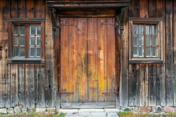 Old weathered wooden door with two windows on each side showing weathering effects