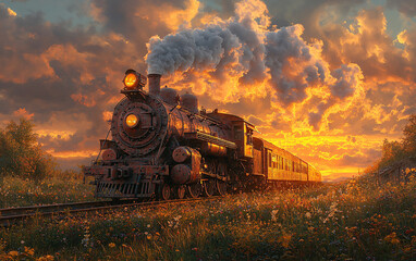 Fototapeta premium Vintage Steam Locomotive on Railway Tracks Surrounded by Scenic Nature and Dramatic Skies, Classic Travel and Transportation Theme with Nostalgic Design and Industrial Aesthetic