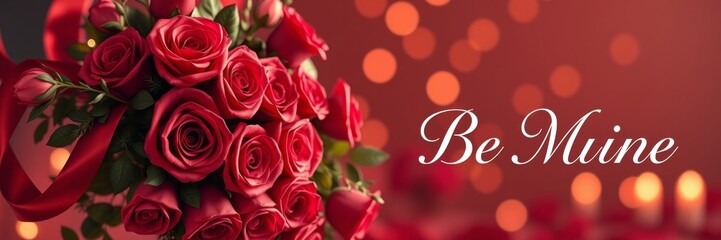 Obraz premium Red roses bouquet adorned with ribbons creating a romantic atmosphere celebrating love, featuring blurred bokeh lights in the background