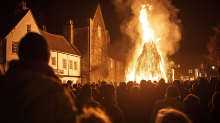 Crowd watching large bonfire on Guy Fawkes Night.