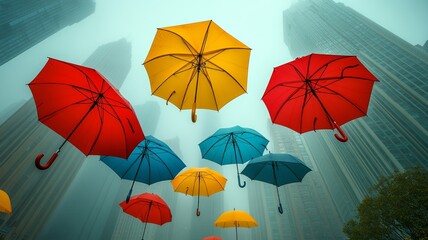 Obraz premium Colorful Umbrellas Floating Above a City Street