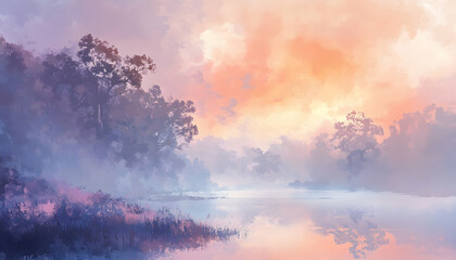 Fototapeta premium Beautiful Foggy Sunrise in English Countryside with Soft Pastel Sky -