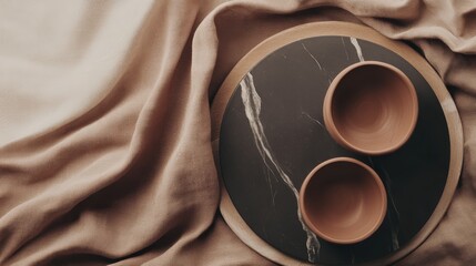 Earthenware Bowls on Marble Tray with Linen Background