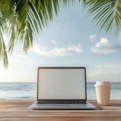 Tranquil Beach Workspace Scene with Laptop and Coffee Cup Amidst Palm Leaves, Perfect for Relaxation and Productivity Along the Shoreline
