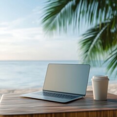 Serene Workspace by the Beach: Modern Laptop on Wooden Table Under Tropical Palm with Calm Ocean View in Background for Relaxation and Productivity