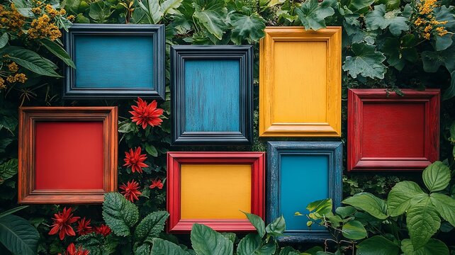 Colorful Picture Frames and Flowers on Garden Wall