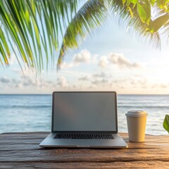 Serene Beach Workspace with Laptop and Coffee Cup Under Tropical Palm Trees, Ideal for Digital Nomads, Creative Professionals, and Remote Workers Seeking Inspiration