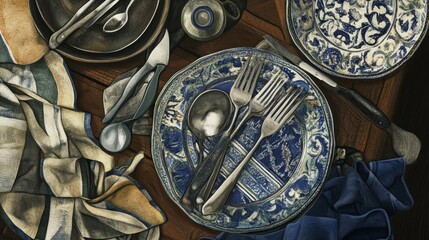A Detailed Still Life of Vintage Tableware and Utensils on a Wooden Tabletop