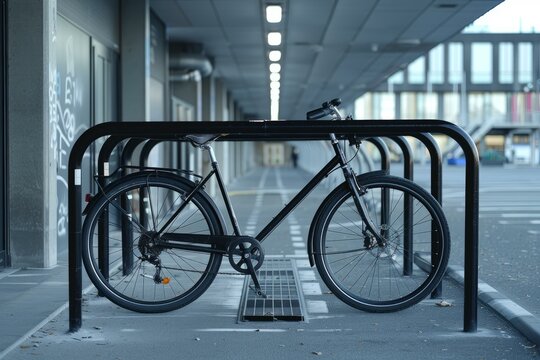 Black bicycle is standing in a rack in the city