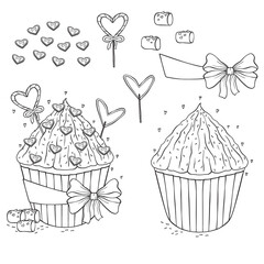 Valentine's day cupcakes with chocolates, cookies, romantic collection of sweet desserts, vector line art