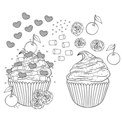 Valentine's day cupcakes with chocolates, cookies, romantic collection of sweet desserts, vector line art