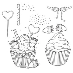 Valentine's day cupcakes with chocolates, cookies, romantic collection of sweet desserts, vector line art
