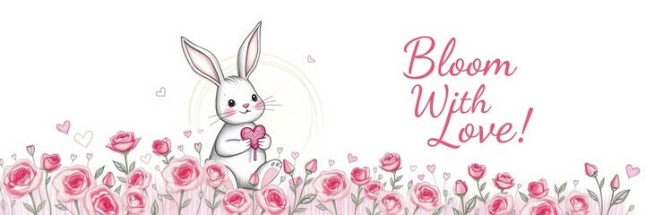 Obraz premium Cute bunny holding a heart among pink roses, conveying a romantic and playful mood, celebrating love with floral details in a bright background