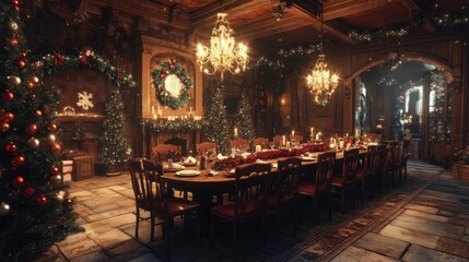 Festively Decorated Room and Christmas Table for Dinner