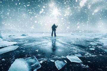 Worker Drilling Into Frozen Antarctic Floor Amid Swirling Ice and Mist