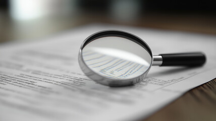 Fototapeta premium Magnifying glass and documents with analytics data lying on table, selective focus