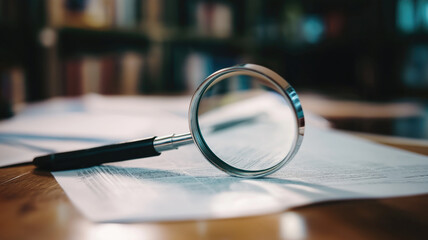 Fototapeta premium Magnifying glass and documents with analytics data lying on table, selective focus