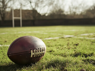 Obraz premium Brown football resting on green grass with white field markings and a goalpost in the background -