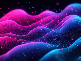 Colorful abstract design showcasing flowing lines and dots in blue and pink hues over dark background