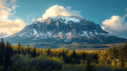 A striking photography of Mount Yamnuska in spring, with patches of melting snow revealing the rugged terrain and new greenery starting to emerge at the base.