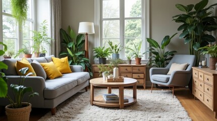 a modern living room with a strong emphasis on natural elements. The space features a neutral color palette with a grey sofa, armchair, and rug.
