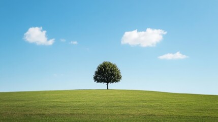 Obraz premium Lone tree on a grassy hill under a clear blue sky with fluffy clouds.