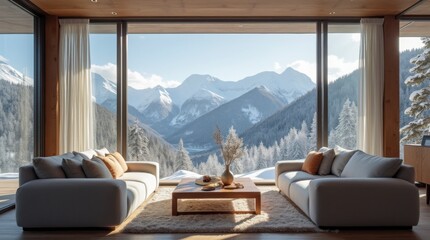 a modern living room with a breathtaking view. A large window wall dominates the space, offering panoramic vistas of snow-capped mountains and a dense forest. 