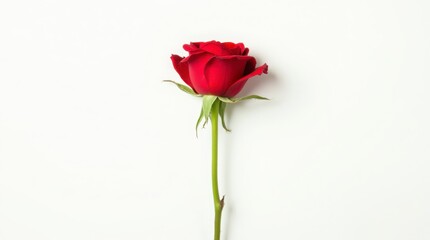 Obraz premium The image shows a single red rose with a green stem and sepals, set against a plain white background
