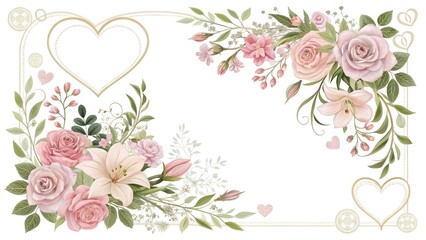Collection of floral borders and compositions with glass hearts and wedding flowers. Template for Invitation or greeting card
