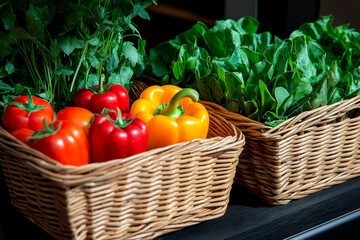 Fresh bell peppers and leafy greens neatly arranged in wicker baskets on a dark surface