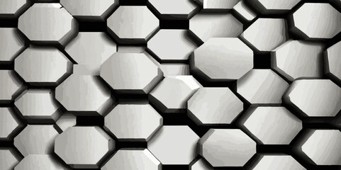 Abstract white and grey cube hexagon black metal 3d dark geometric texture bright pattern honeycomb soft black metal background. Banner, wallpaper, card vector illustration.