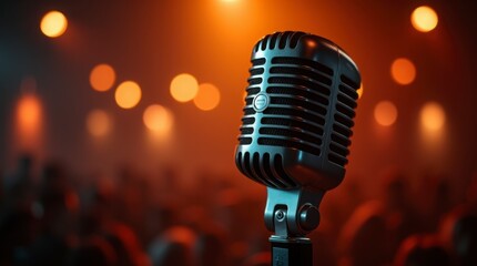 Vintage Vibes: Retro Microphone in Warm Lights. Golden Era: Classic Microphone and Warm Glow. Vintage Vibes: Retro Microphone in Warm Lights.