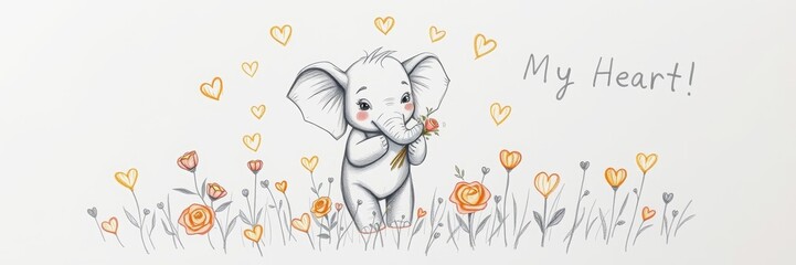 Cute cartoon elephant holding a flower surrounded by colorful hearts and flowers conveying love and affection with cheerful pastel colors