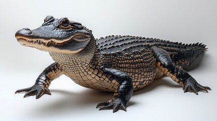 Naklejka premium Young alligator on white background, showcasing its scales, teeth, and claws.