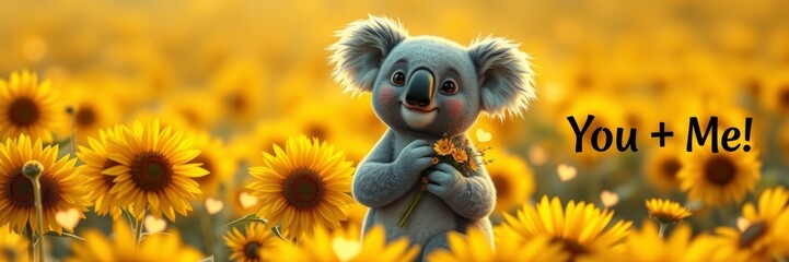 Cute koala holding a flower in a sunflower field, exuding a joyful and affectionate mood, representing love and companionship with warm golden tones in the background