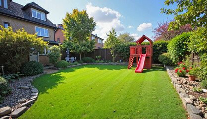 Family-friendly backyard with playground and lush green lawn