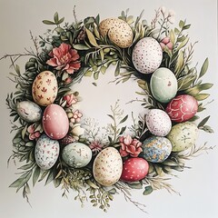 Easter wreath with pastel eggs and floral greenery
