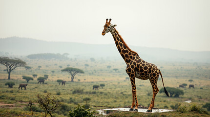 Obraz premium A giraffe stands at the edge of a watering hole in a savanna landscape. In the background, other animals are visible