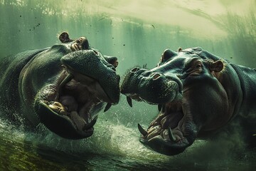 Two fighting hippos; Hippopotamus amphibius; South Africa
