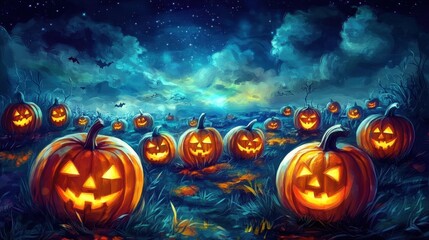 Fototapeta premium Illuminated Jackolanterns in a Spooky Halloween Field